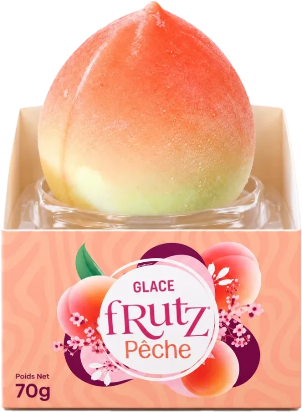 Glace Frutz saveur pêche en forme de pêche, dans son étui